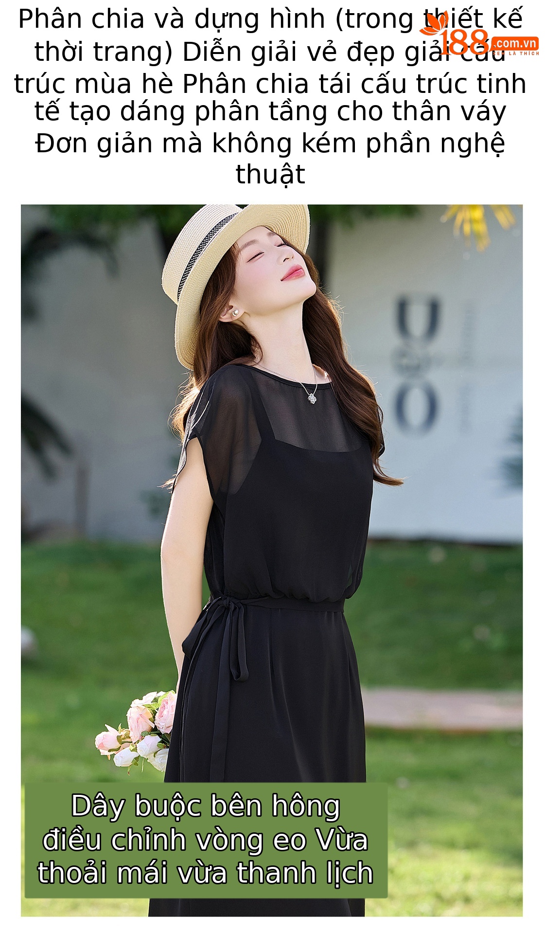Đầm chữ A eo thắt dây tay ngắn cổ điển dáng midi — màu đen, Điểm sóng chi tiết 6