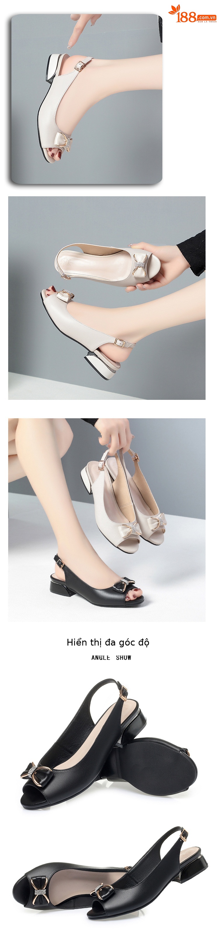 Sandal nữ da thật mũi hở gót thấp đế mềm phong cách thời trang — màu đen chi tiết 5
