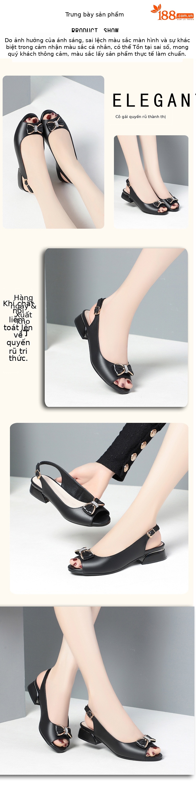 Sandal nữ da thật mũi hở gót thấp đế mềm phong cách thời trang — màu đen chi tiết 3