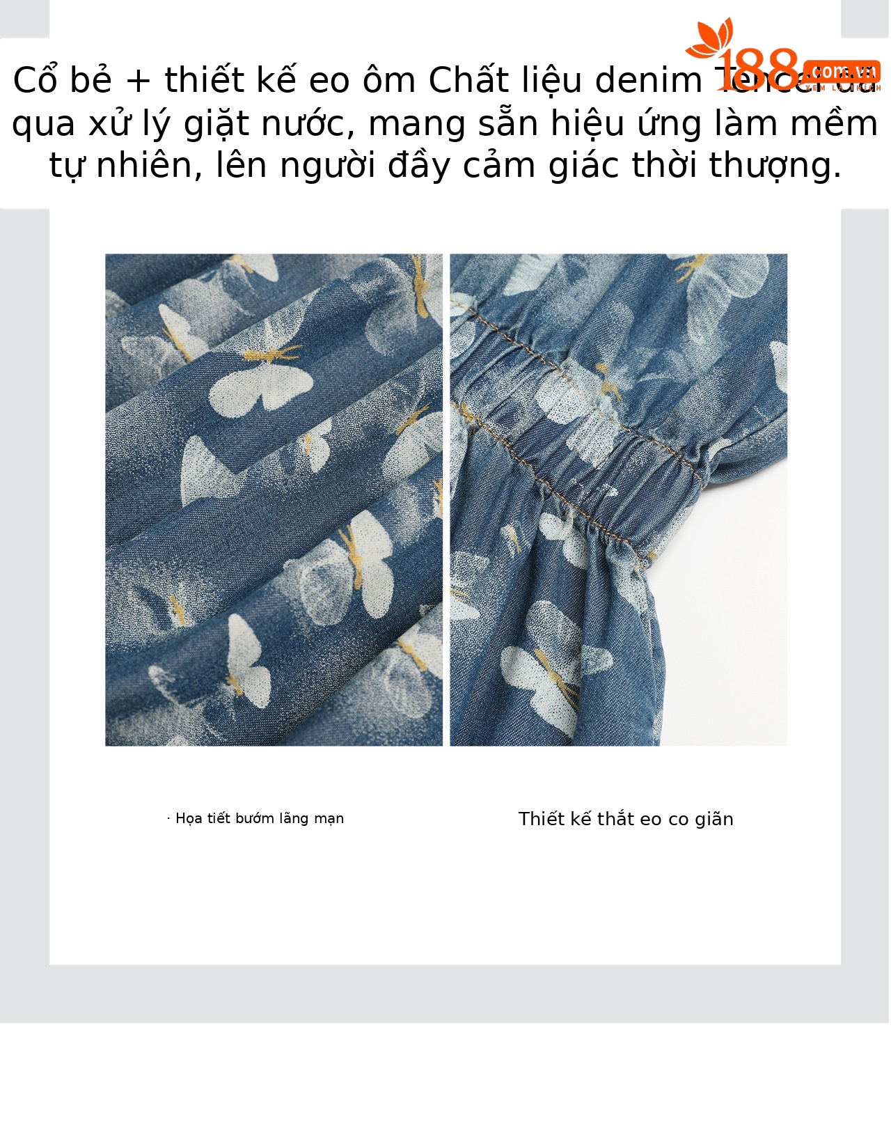 Đầm maxi nữ in họa tiết hoa bướm chất denim nhẹ thắt eo — Cao bồi xanh chi tiết 9
