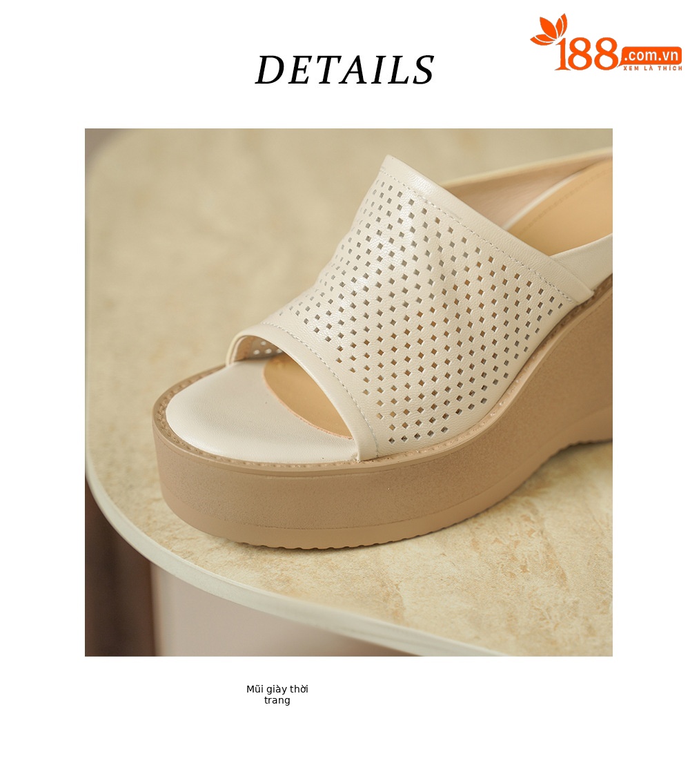 Dép sandal cao gót nữ da cừu đế xuồng mũi hở quai ngang — màu trắng ngà chi tiết 17