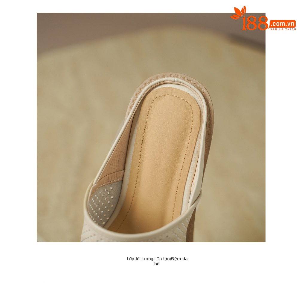 Dép sandal cao gót nữ da cừu đế xuồng mũi hở quai ngang — màu trắng ngà chi tiết 18