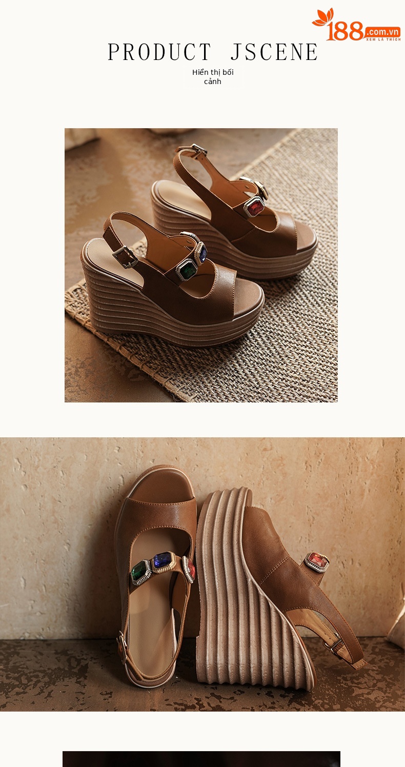 Sandal cao gót nữ hở mũi đế xuồng 12 cm, phối đá màu thời trang — màu nâu, màu mơ chi tiết 5