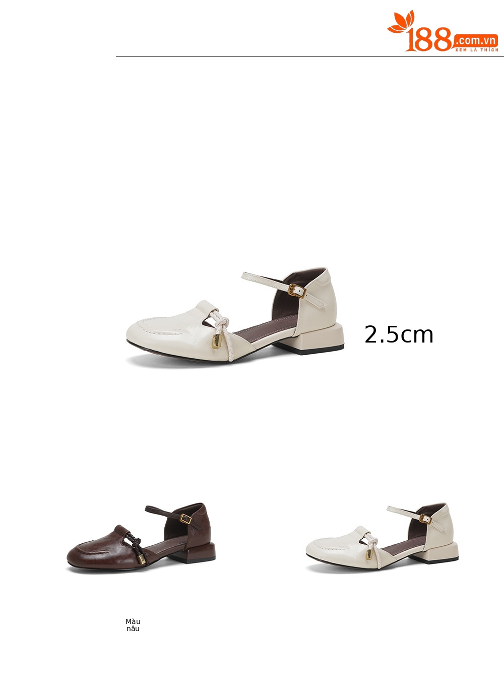 Giày Mary Jane nữ quai ngang gót thấp 3 cm, mũi kín hở gót, phong cách trẻ trung — màu nâu chi tiết 3
