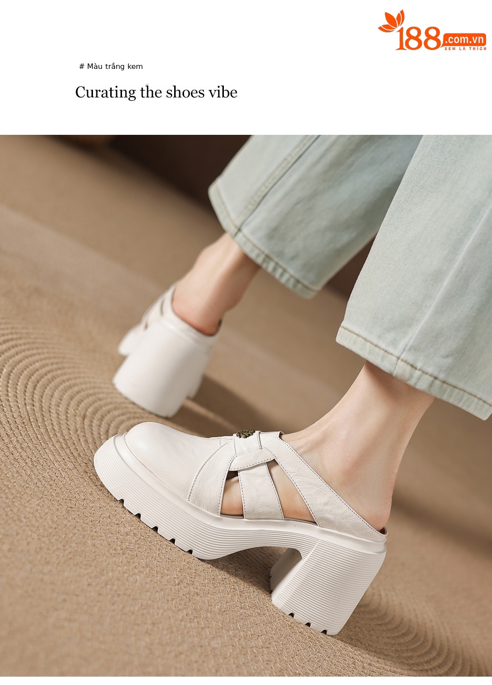 Sandal cao gót nữ mũi kín hở mũi đế dày gót thô 9 cm — màu đen, màu trắng ngà chi tiết 10