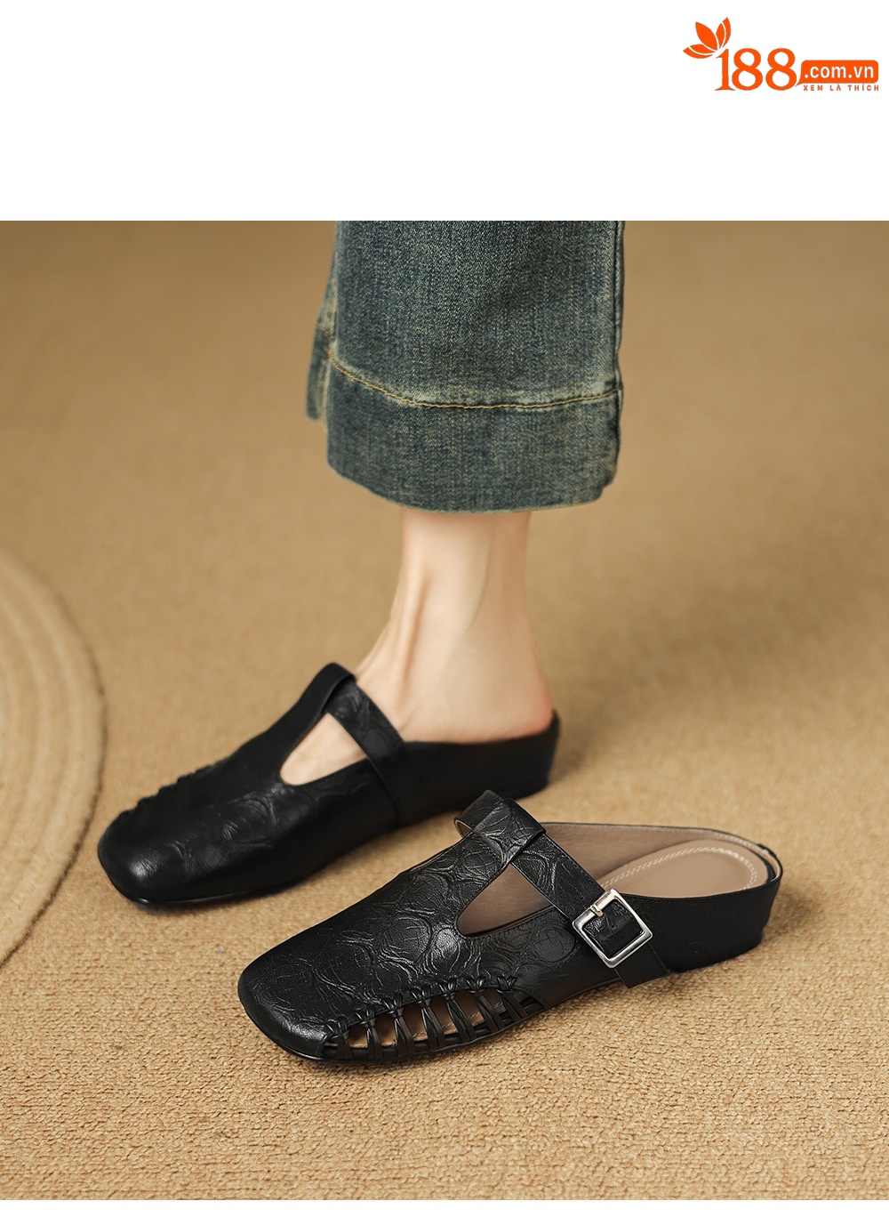 Dép nữ quai chữ T mũi nhọn kiểu vintage, đế bệt, size 34–41 — đen chi tiết 6