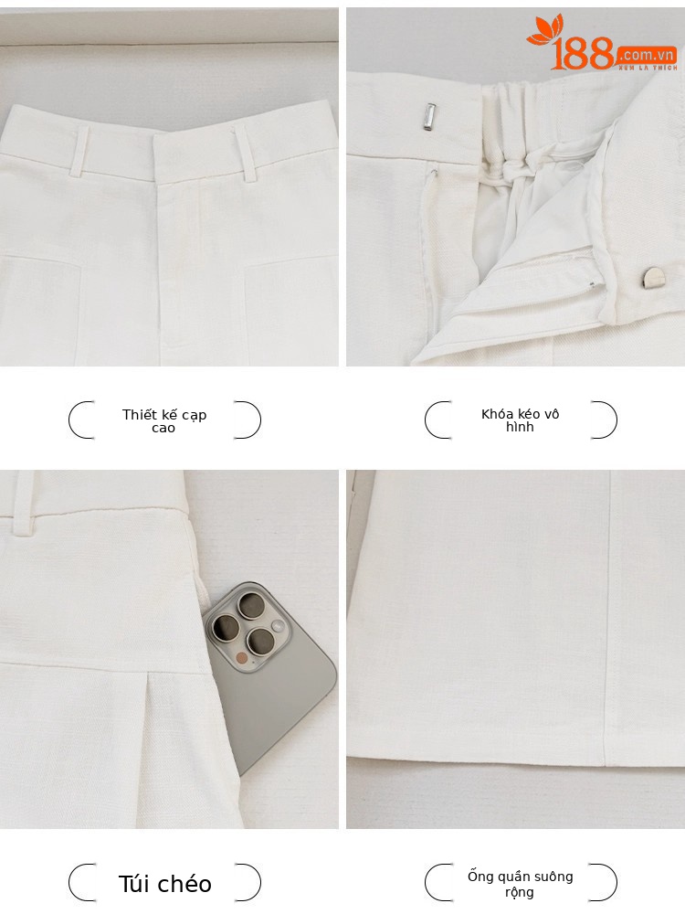 Quần culottes nữ ống rộng cạp cao vải linen phối tơ — Xanh sẫm