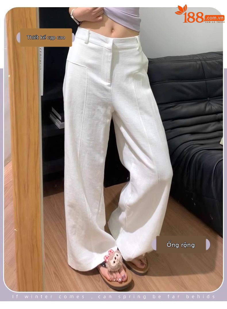 Quần culottes nữ ống rộng cạp cao vải linen phối tơ — Xanh sẫm chi tiết 2