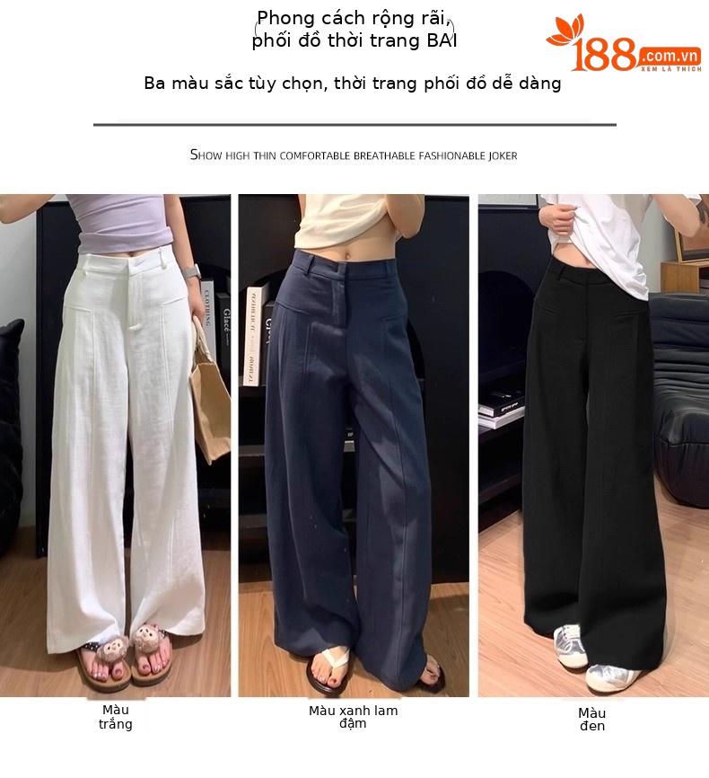 Quần culottes nữ ống rộng cạp cao vải linen phối tơ — Xanh sẫm chi tiết 5