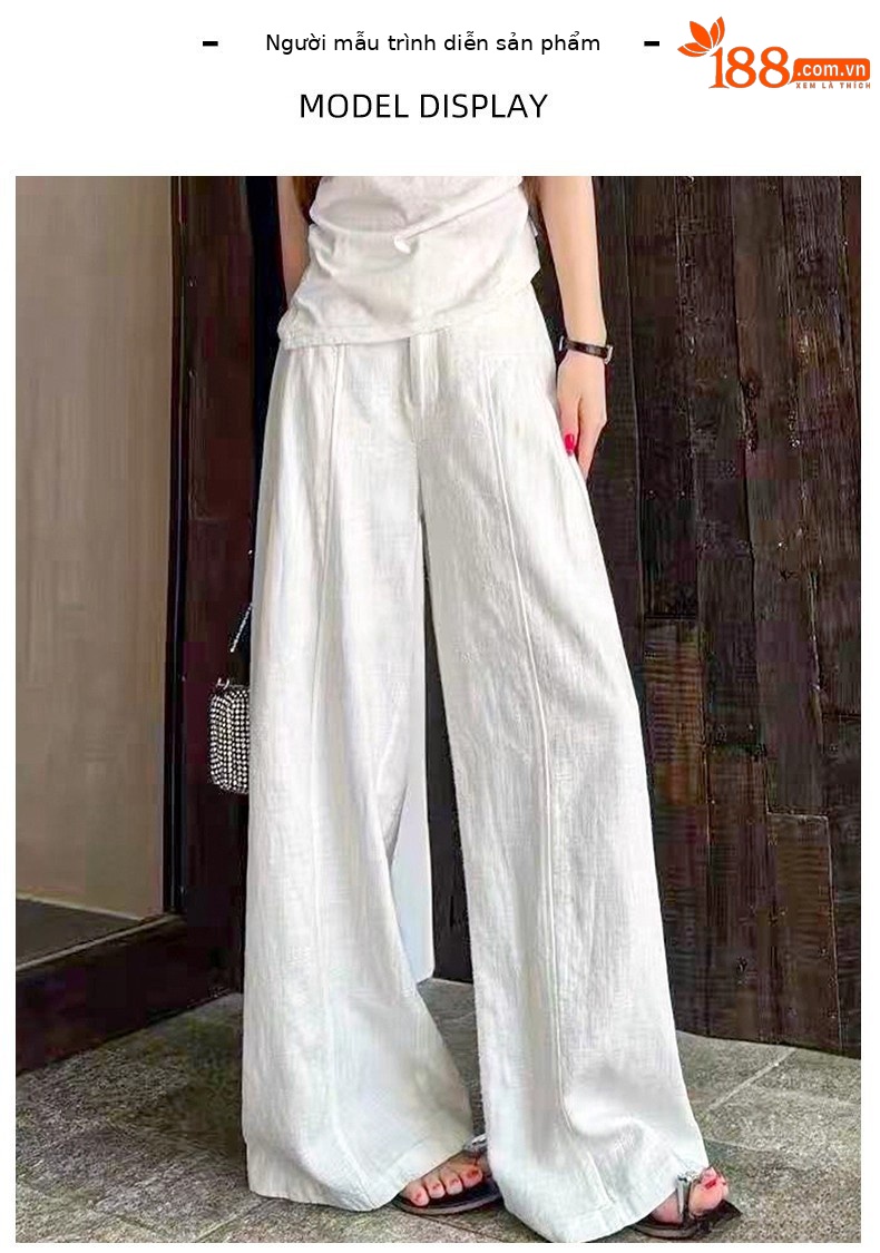 Quần culottes nữ ống rộng cạp cao vải linen phối tơ — Xanh sẫm chi tiết 13