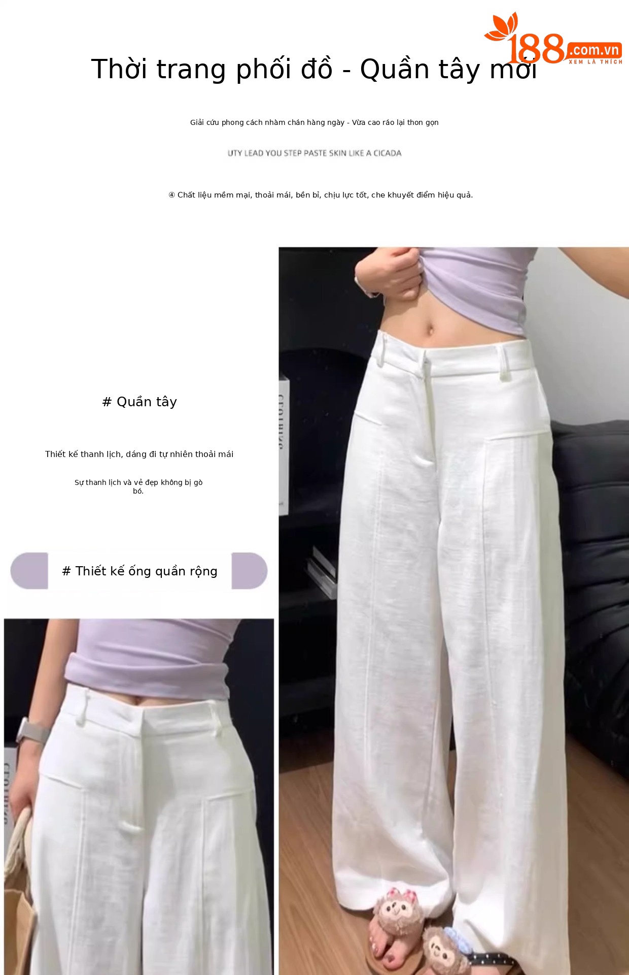 Quần culottes nữ ống rộng cạp cao vải linen phối tơ — Xanh sẫm chi tiết 3