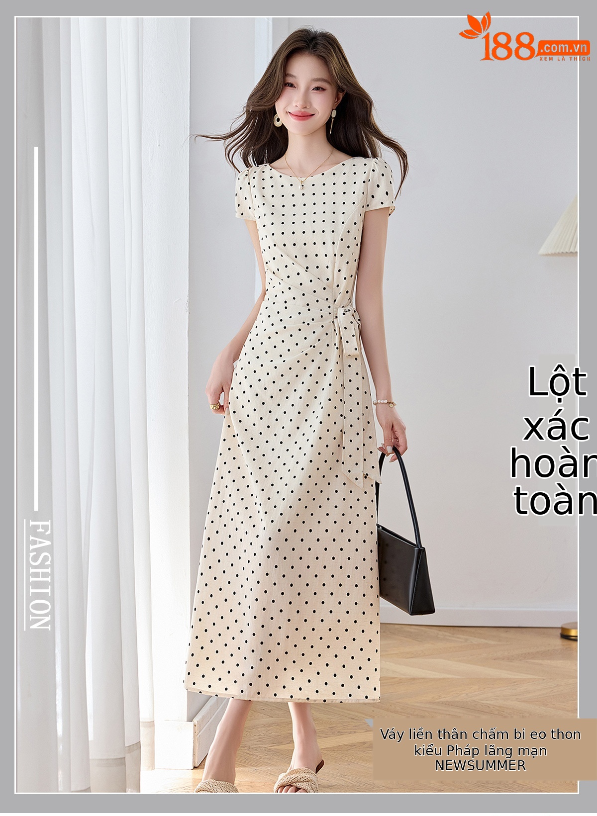 Đầm maxi nữ thắt eo tay ngắn họa tiết chấm bi phong cách nghỉ dưỡng — màu đen, màu trắng chi tiết 1