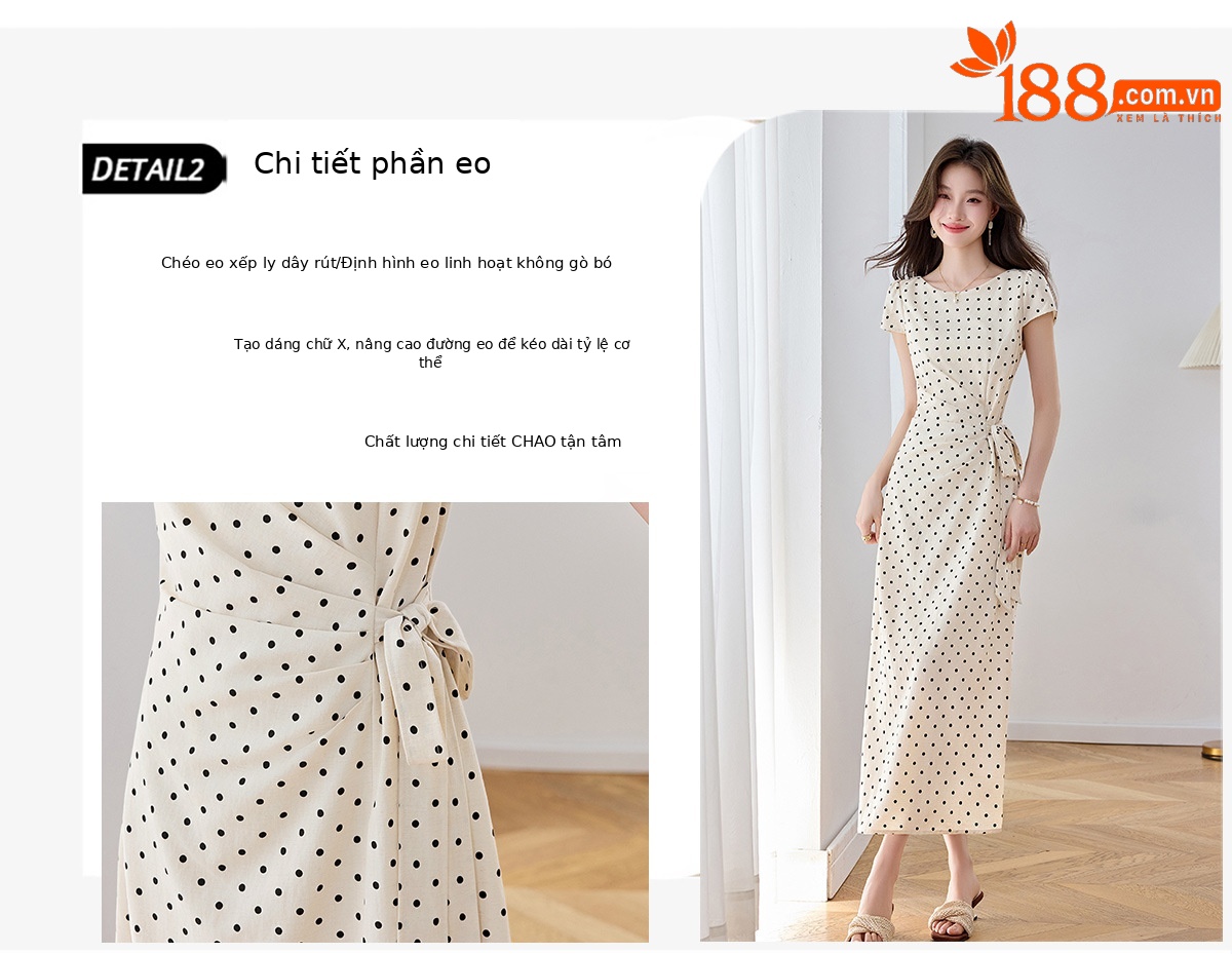 Đầm maxi nữ thắt eo tay ngắn họa tiết chấm bi phong cách nghỉ dưỡng — màu đen, màu trắng chi tiết 5