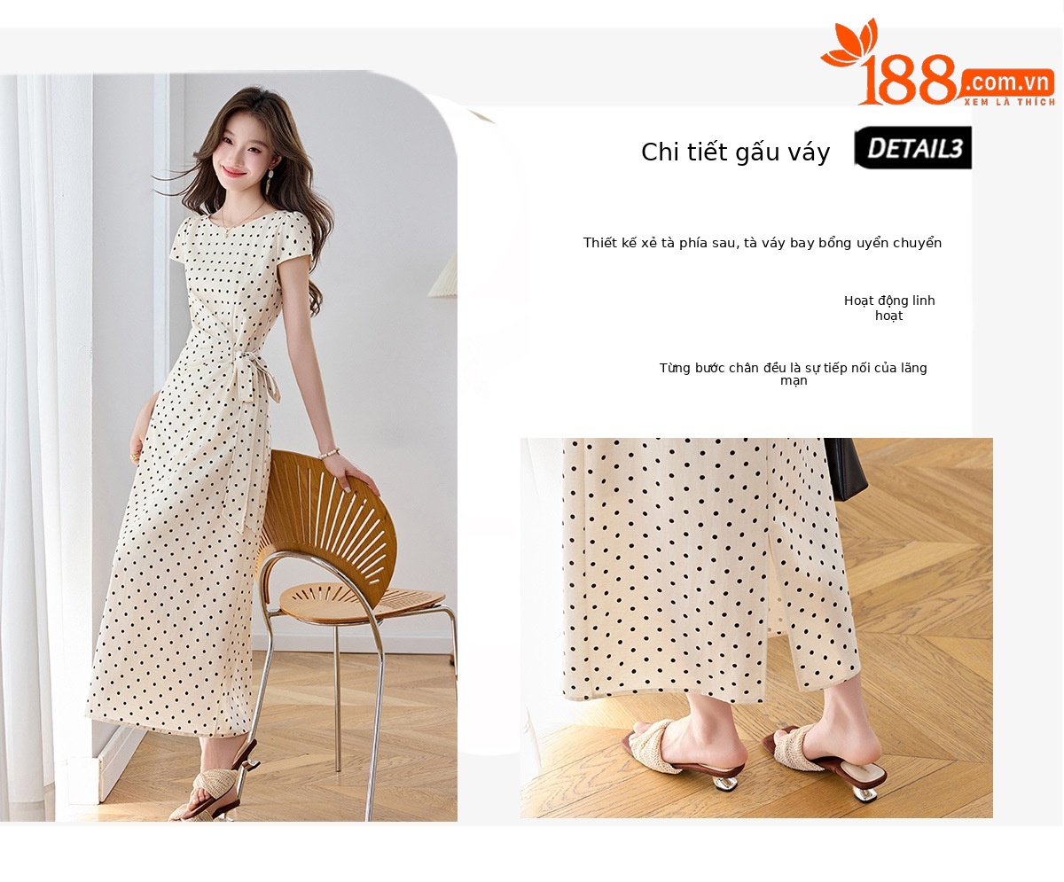 Đầm maxi nữ thắt eo tay ngắn họa tiết chấm bi phong cách nghỉ dưỡng — màu đen, màu trắng chi tiết 6