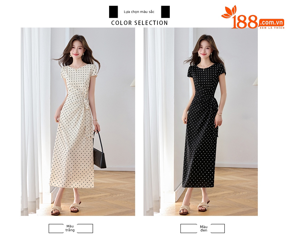 Đầm maxi nữ thắt eo tay ngắn họa tiết chấm bi phong cách nghỉ dưỡng — màu đen, màu trắng chi tiết 7
