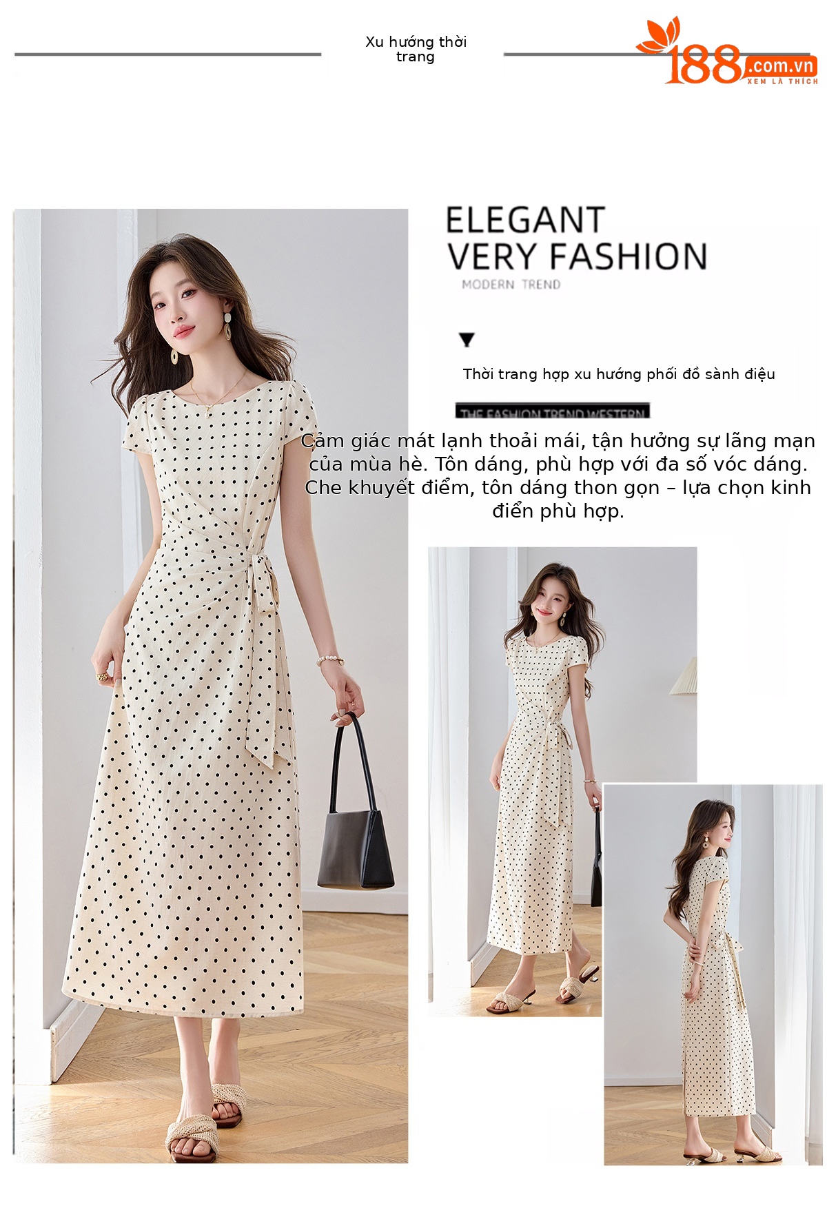 Đầm maxi nữ thắt eo tay ngắn họa tiết chấm bi phong cách nghỉ dưỡng — màu đen, màu trắng chi tiết 3