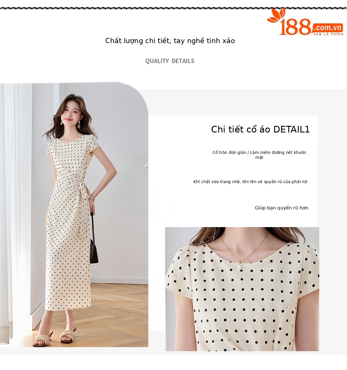Đầm maxi nữ thắt eo tay ngắn họa tiết chấm bi phong cách nghỉ dưỡng — màu đen, màu trắng chi tiết 4
