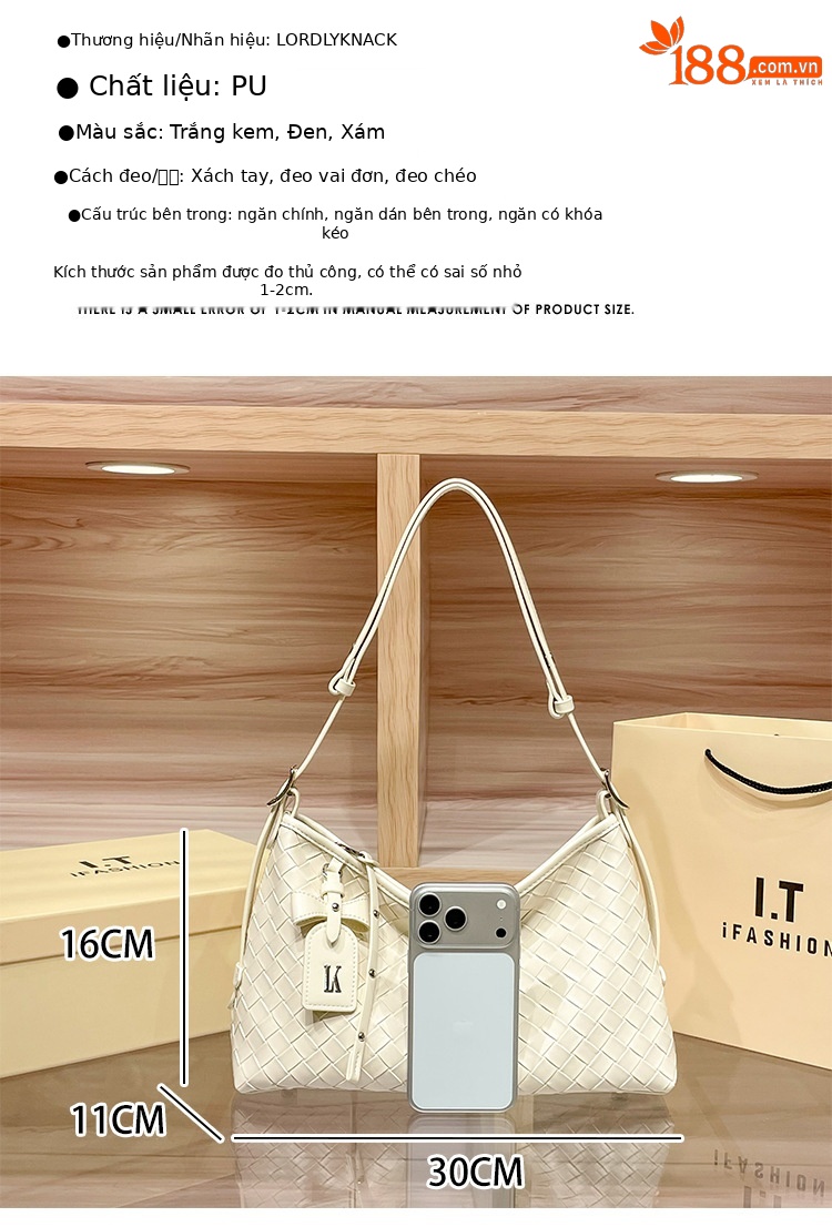 Túi tote nữ dệt vân cỡ lớn đi làm đeo vai — màu trắng ngà, màu đen, màu xám chi tiết 5