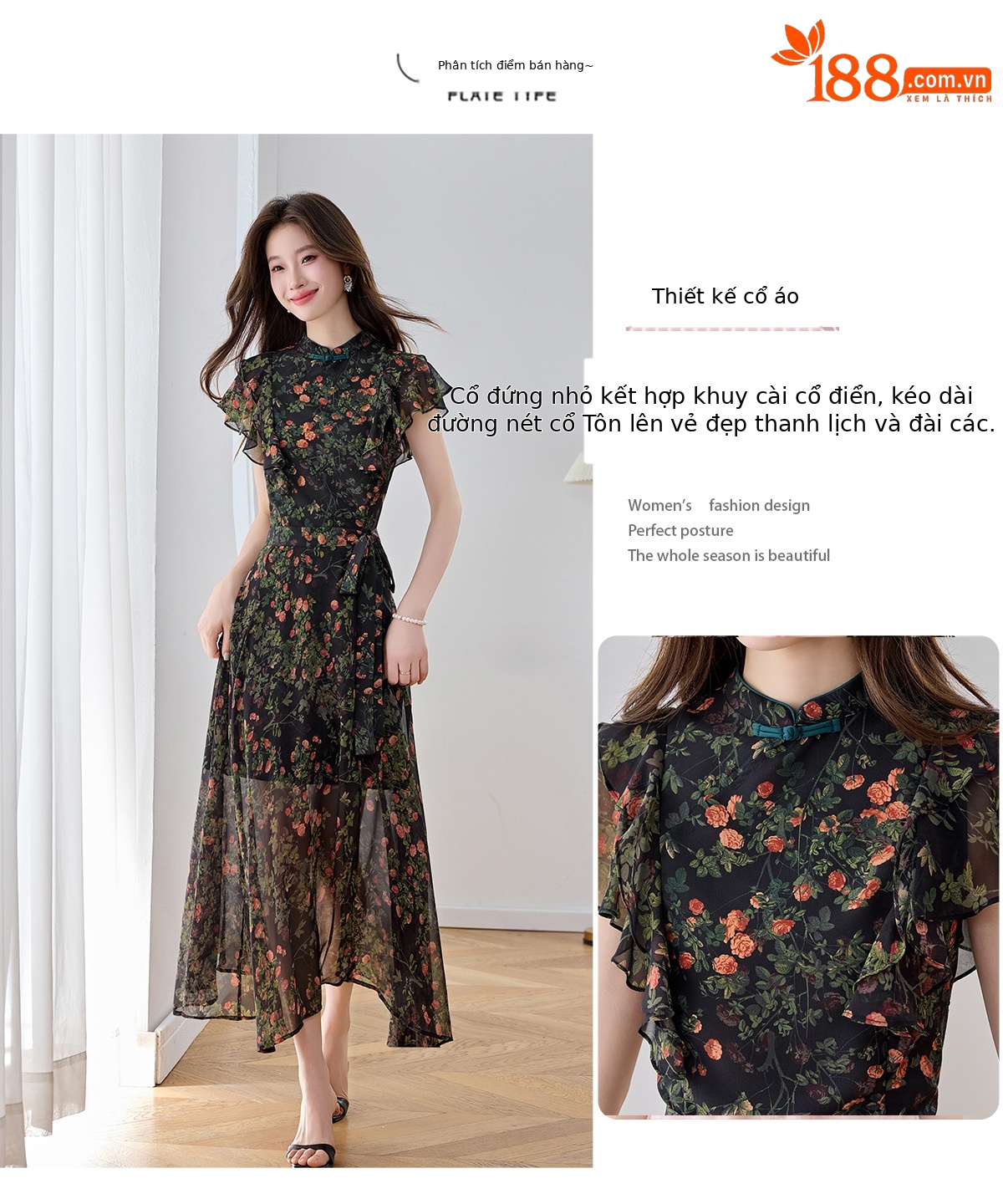Đầm maxi nữ thắt eo họa tiết hoa nhí hai dây mặc hai kiểu Z5718 — Hoa đỏ, Chấm tròn chi tiết 4