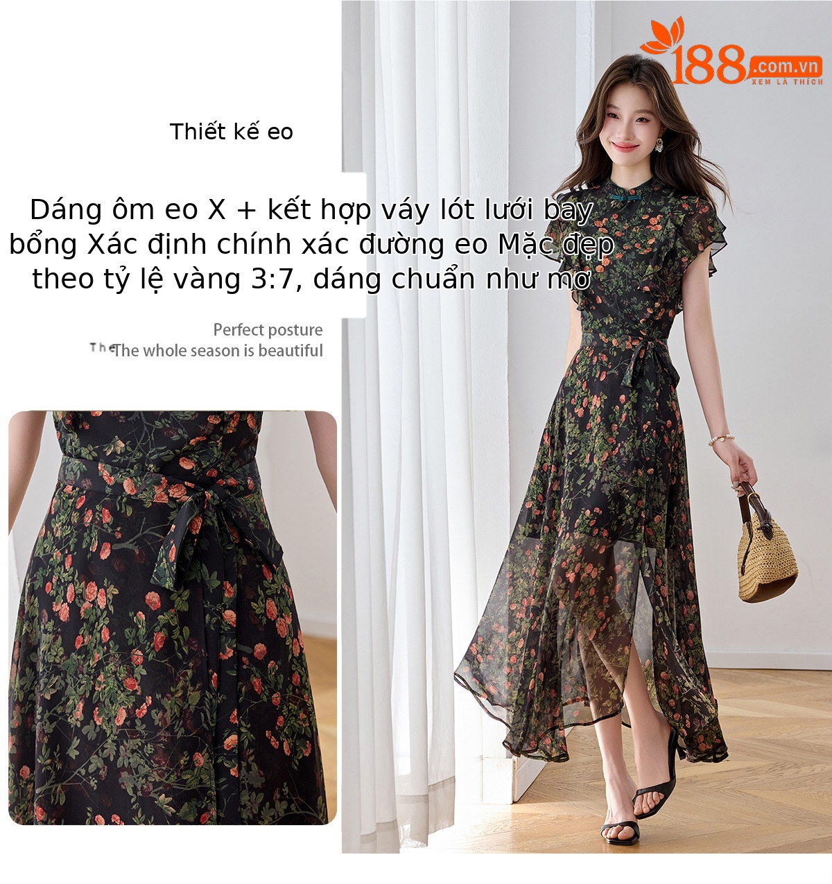 Đầm maxi nữ thắt eo họa tiết hoa nhí hai dây mặc hai kiểu Z5718 — Hoa đỏ, Chấm tròn chi tiết 5