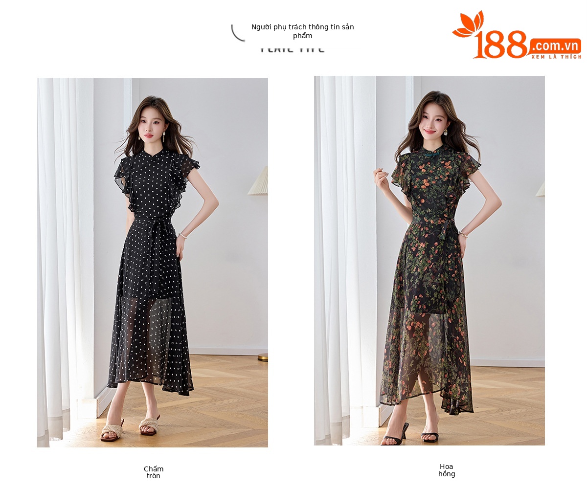 Đầm maxi nữ thắt eo họa tiết hoa nhí hai dây mặc hai kiểu Z5718 — Hoa đỏ, Chấm tròn chi tiết 7