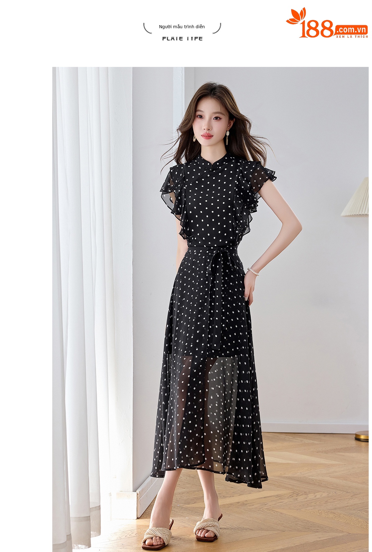 Đầm maxi nữ thắt eo họa tiết hoa nhí hai dây mặc hai kiểu Z5718 — Hoa đỏ, Chấm tròn chi tiết 9