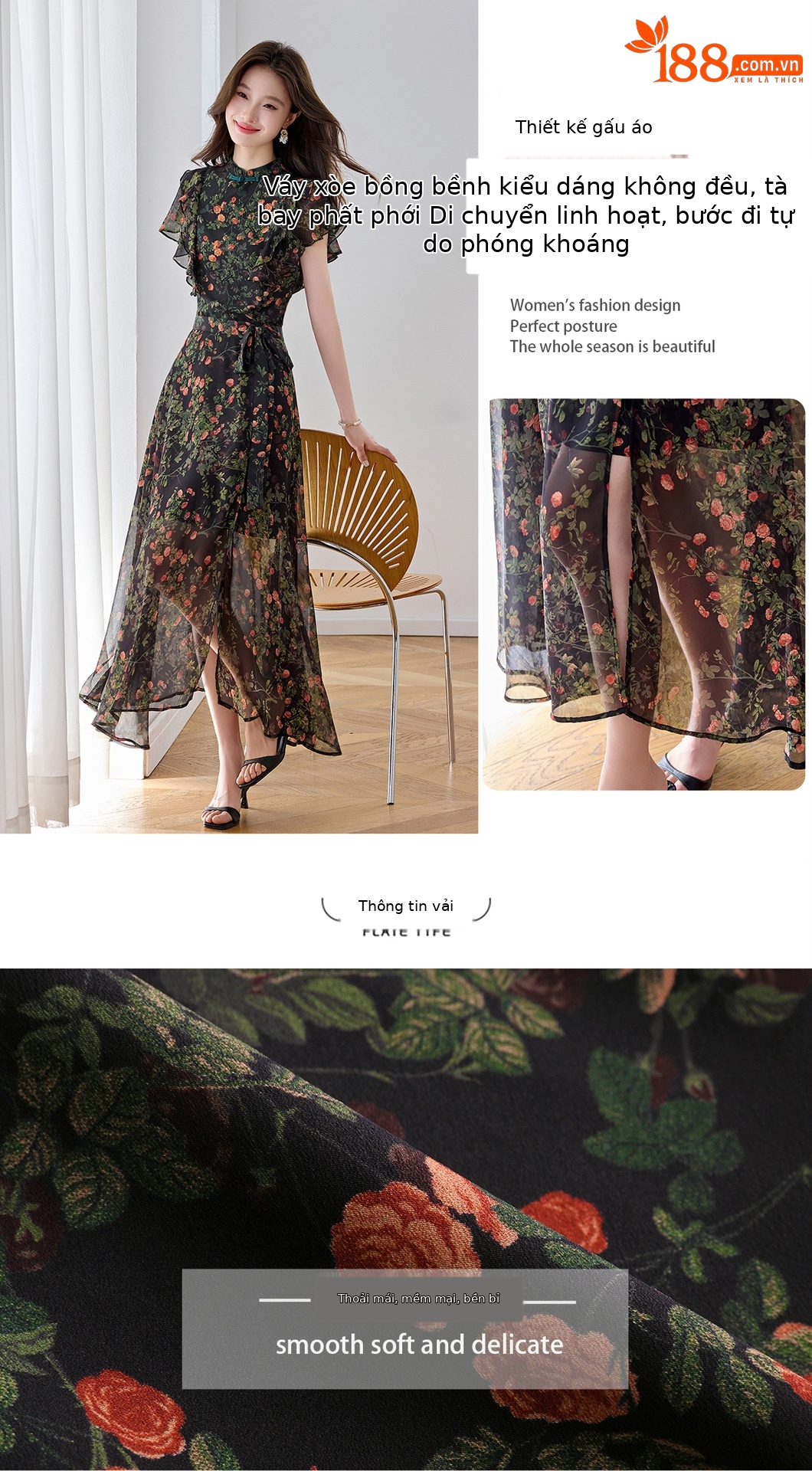 Đầm maxi nữ thắt eo họa tiết hoa nhí hai dây mặc hai kiểu Z5718 — Hoa đỏ, Chấm tròn chi tiết 6