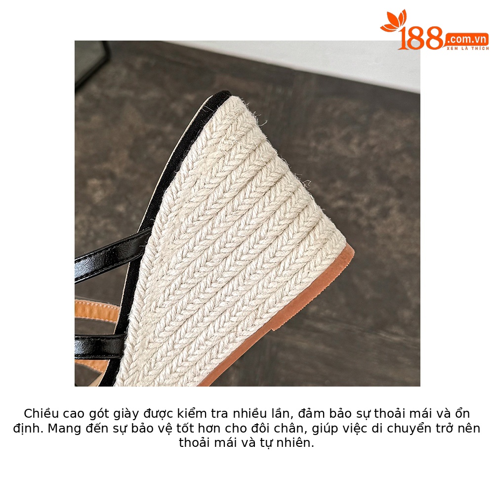 Sandal cao gót nữ quai mảnh mũi hở đế xuồng đan rơm gót 9 cm — màu đen, màu trắng ngà chi tiết 20