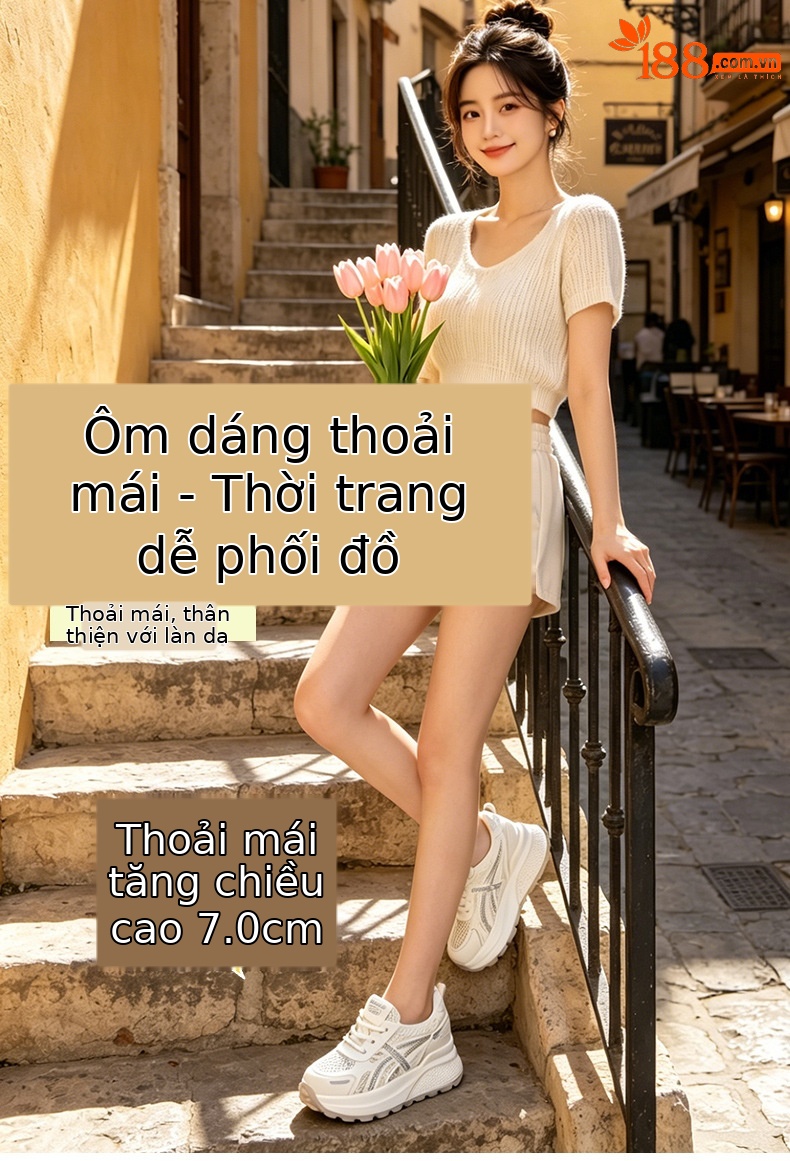 Giày sneaker nữ đế dày phong cách Hàn Quốc, thoáng khí, đế dày 3 cm — Hồng 5092, Trắng 5092 chi tiết 1