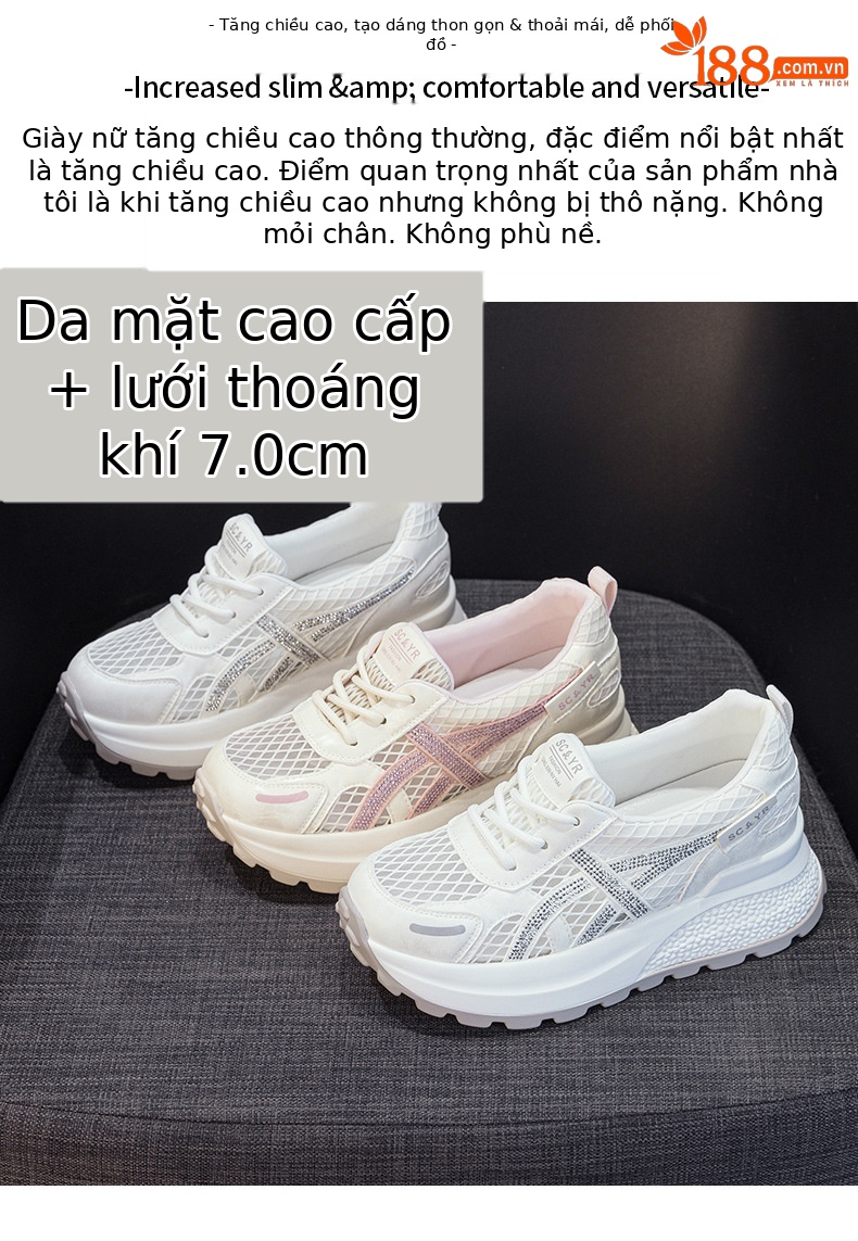 Giày sneaker nữ đế dày phong cách Hàn Quốc, thoáng khí, đế dày 3 cm — Hồng 5092, Trắng 5092 chi tiết 2