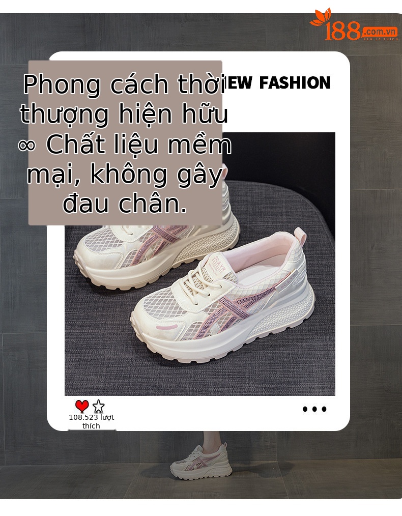 Giày sneaker nữ đế dày phong cách Hàn Quốc, thoáng khí, đế dày 3 cm — Hồng 5092, Trắng 5092 chi tiết 3