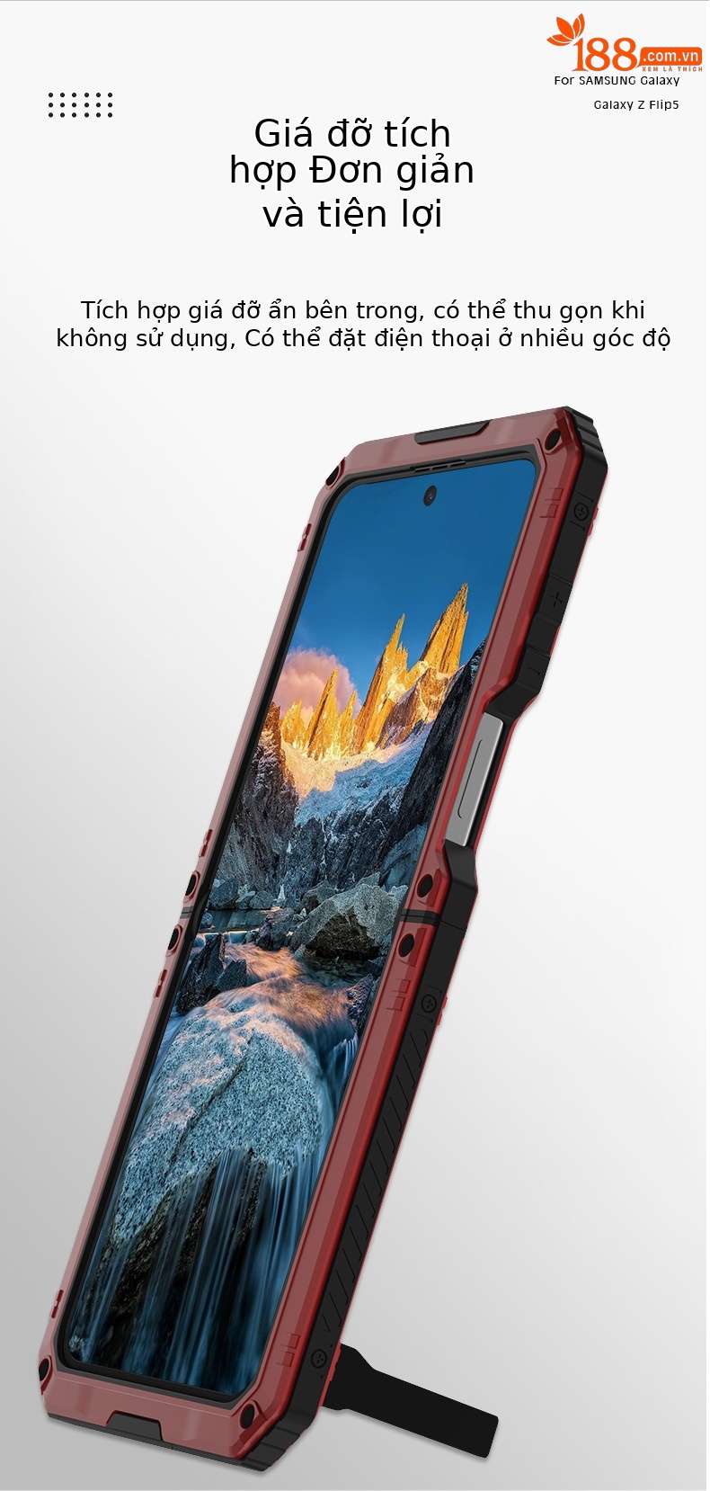 Ốp lưng Samsung Z Flip5/Flip4 kim loại gập toàn bộ chống rơi có giá đỡ — Đen, Đỏ chi tiết 7