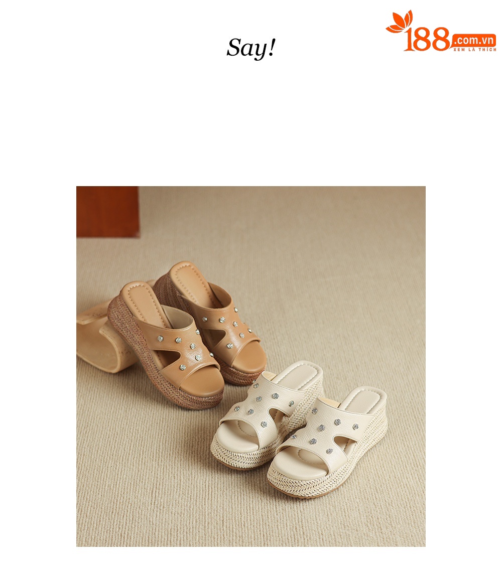 Dép sandal nữ đế dày da cừu họa tiết hoa — Trà sữa màu chi tiết 3