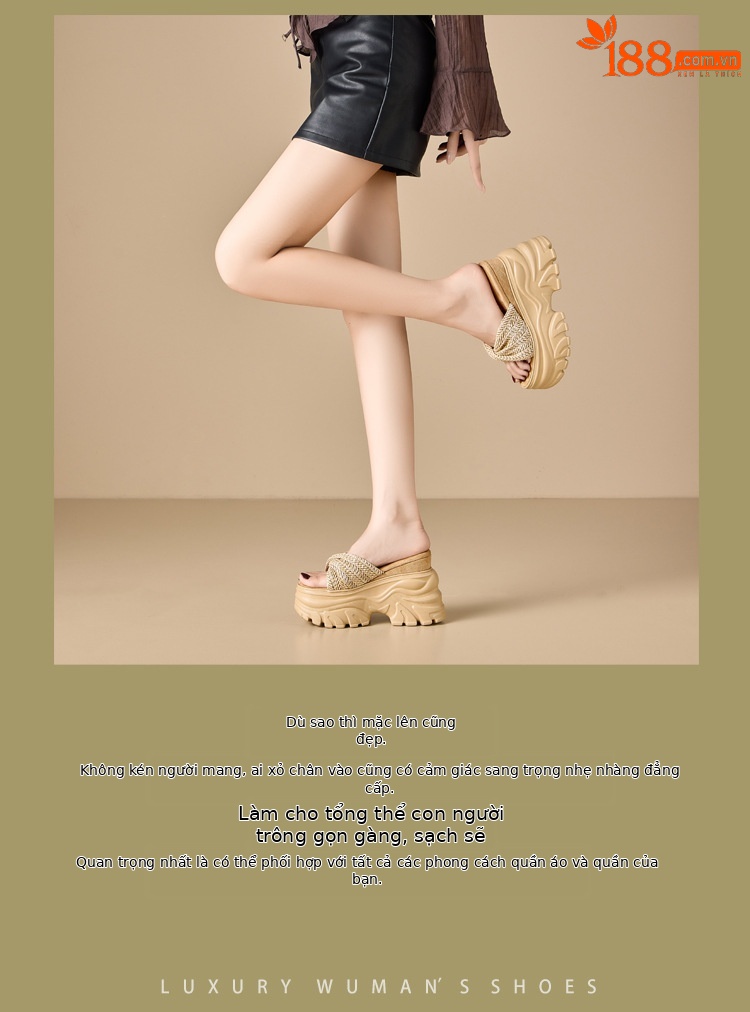 Dép sandal nữ quai chữ V đế xuồng cao gót 12 cm, tôn dáng, phong cách boho — màu trắng ngà, màu mơ chi tiết 2