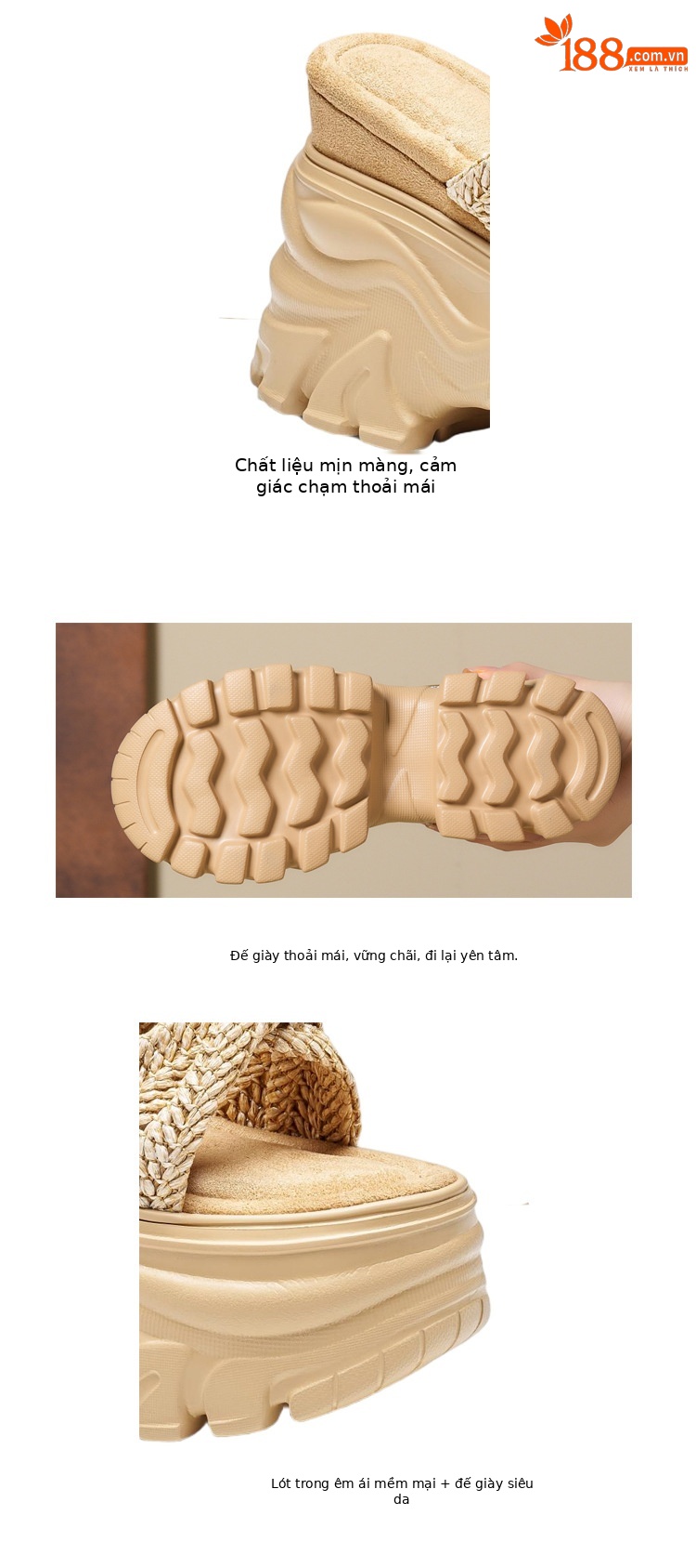 Dép sandal nữ quai chữ V đế xuồng cao gót 12 cm, tôn dáng, phong cách boho — màu trắng ngà, màu mơ chi tiết 4
