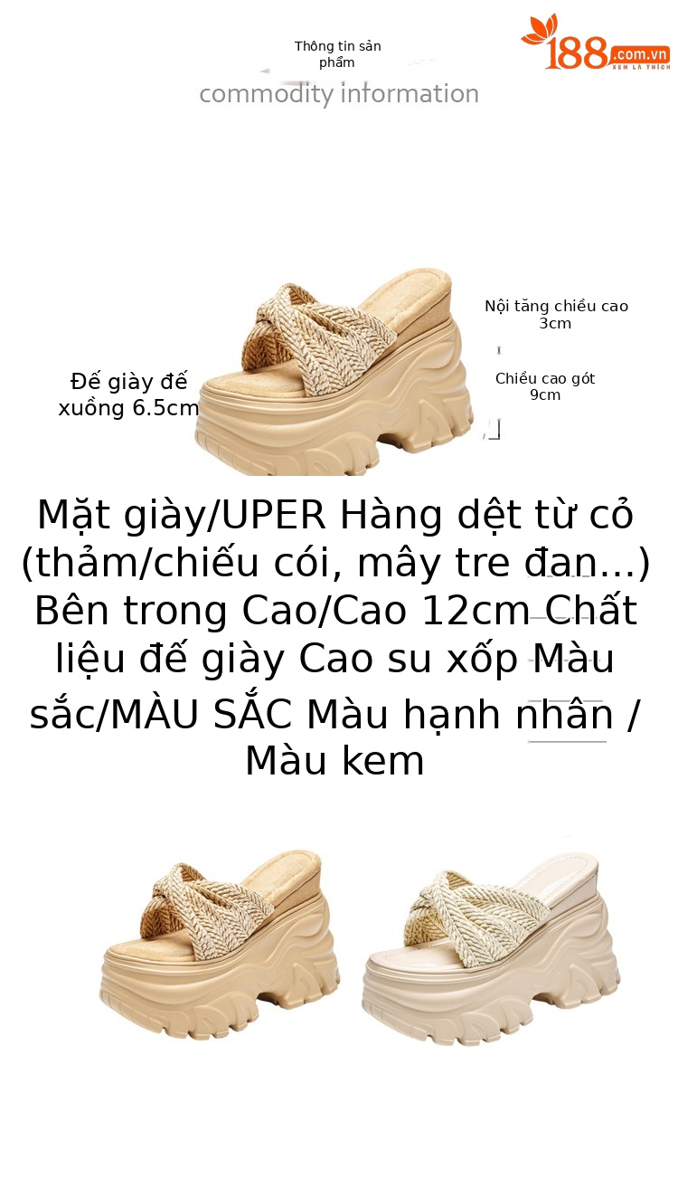 Dép sandal nữ quai chữ V đế xuồng cao gót 12 cm, tôn dáng, phong cách boho — màu trắng ngà, màu mơ chi tiết 3