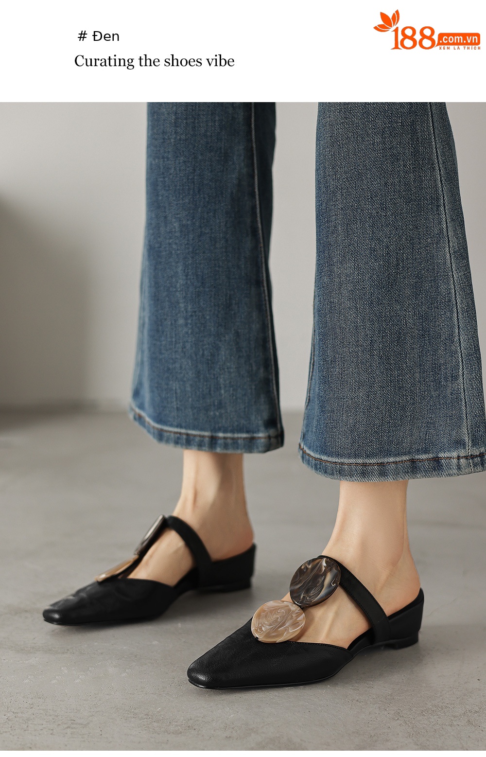 Sandal nữ da dê mũi kín gót thấp phong cách vỏ sò — đen chi tiết 20