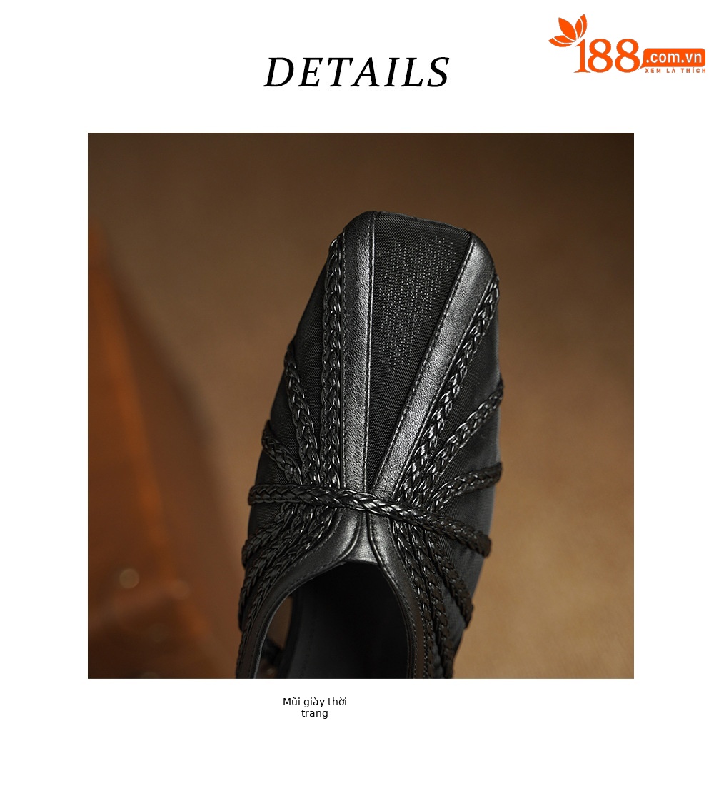 Dép sandal nữ mũi nhọn quai chữ V đế xuồng cao 7 cm, chất liệu lưới ren họa tiết hoa — đen chi tiết 15