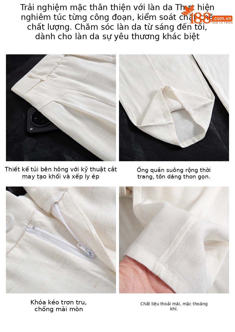 Quần culottes nữ ống rộng vải linen phối sọc, cạp cao dáng suông — Sâu Xám - Cao chi tiết 5