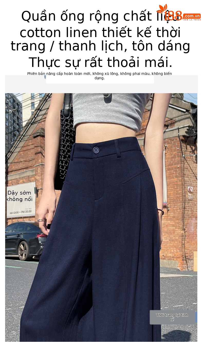 Quần culottes nữ ống rộng vải linen phối sọc, cạp cao dáng suông — Sâu Xám - Cao chi tiết 9