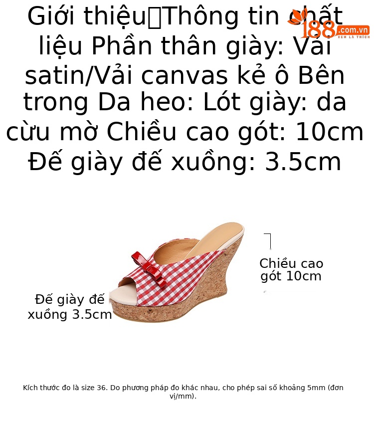 Sandal cao gót nữ mũi cá hở ngón, đế xuồng dày, nơ bướm, gót siêu cao 12 cm — Kẻ đỏ, Hồng sâm panh chi tiết 3