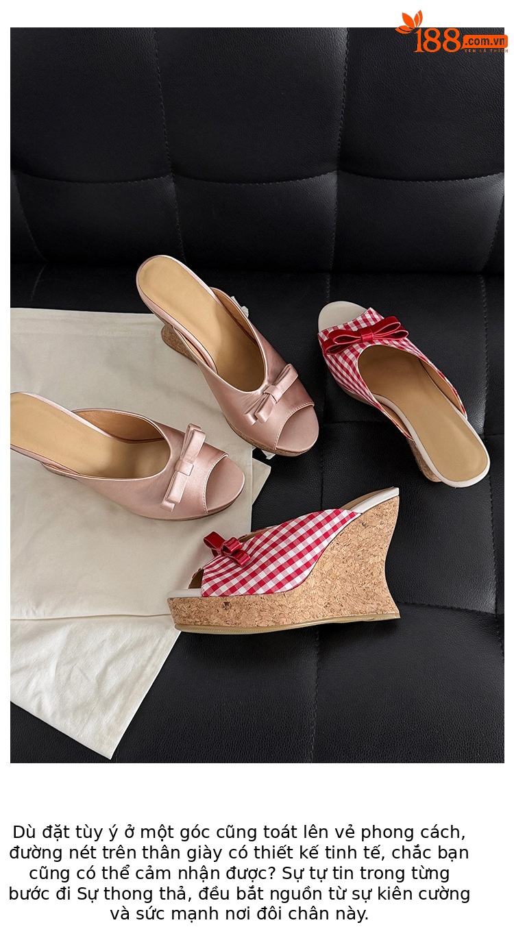 Sandal cao gót nữ mũi cá hở ngón, đế xuồng dày, nơ bướm, gót siêu cao 12 cm — Kẻ đỏ, Hồng sâm panh chi tiết 5