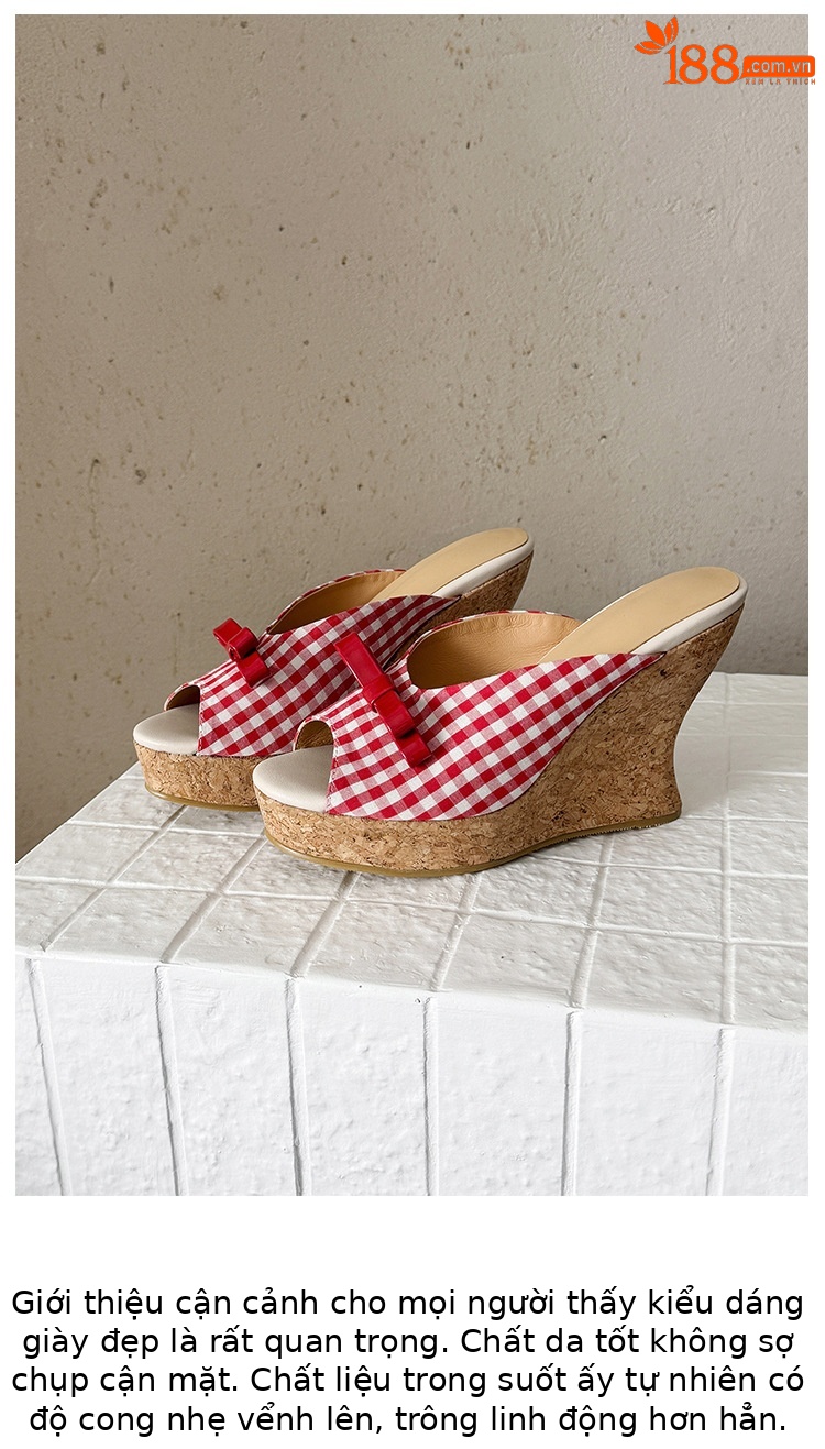 Sandal cao gót nữ mũi cá hở ngón, đế xuồng dày, nơ bướm, gót siêu cao 12 cm — Kẻ đỏ, Hồng sâm panh chi tiết 6