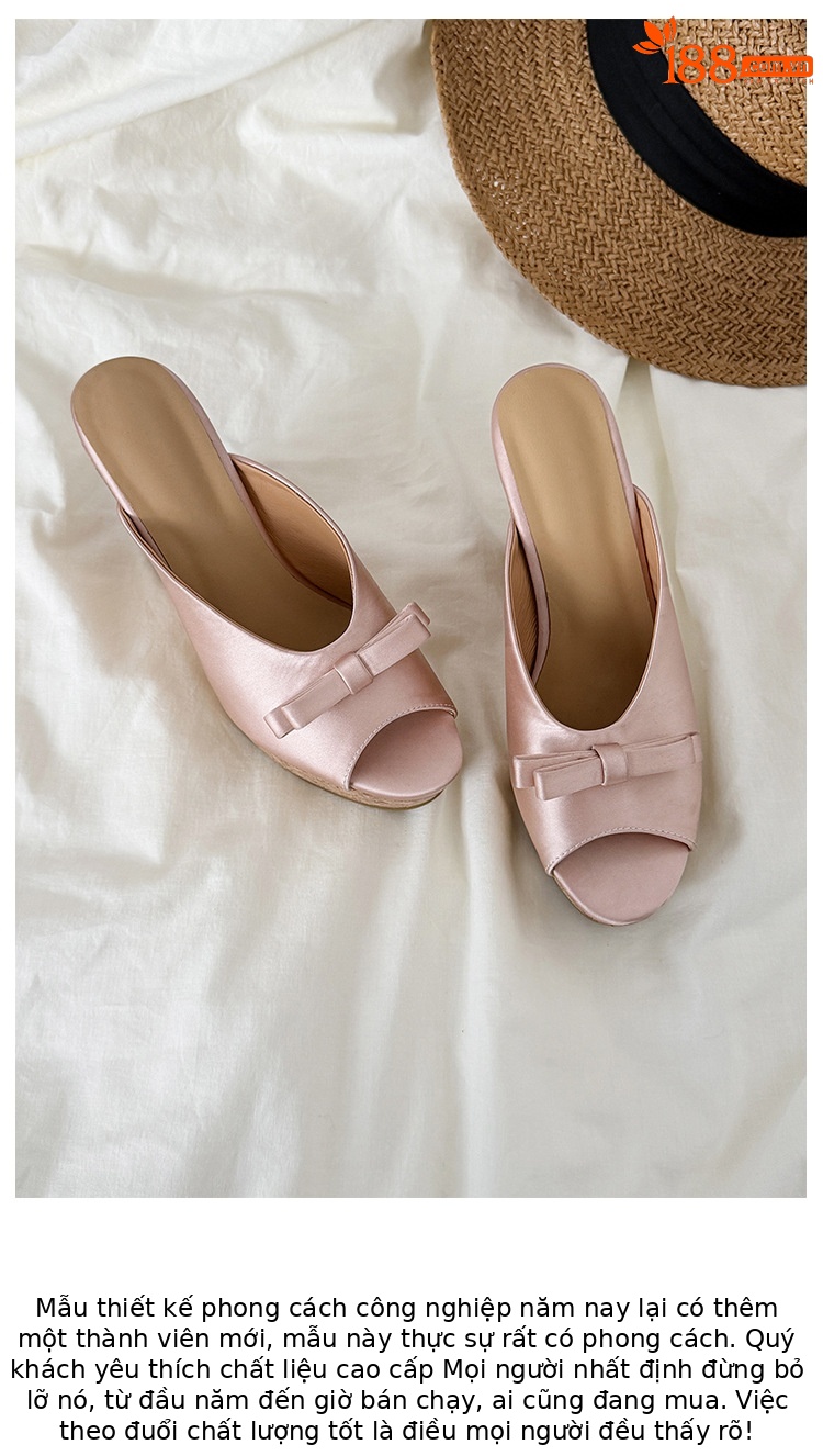 Sandal cao gót nữ mũi cá hở ngón, đế xuồng dày, nơ bướm, gót siêu cao 12 cm — Kẻ đỏ, Hồng sâm panh chi tiết 7
