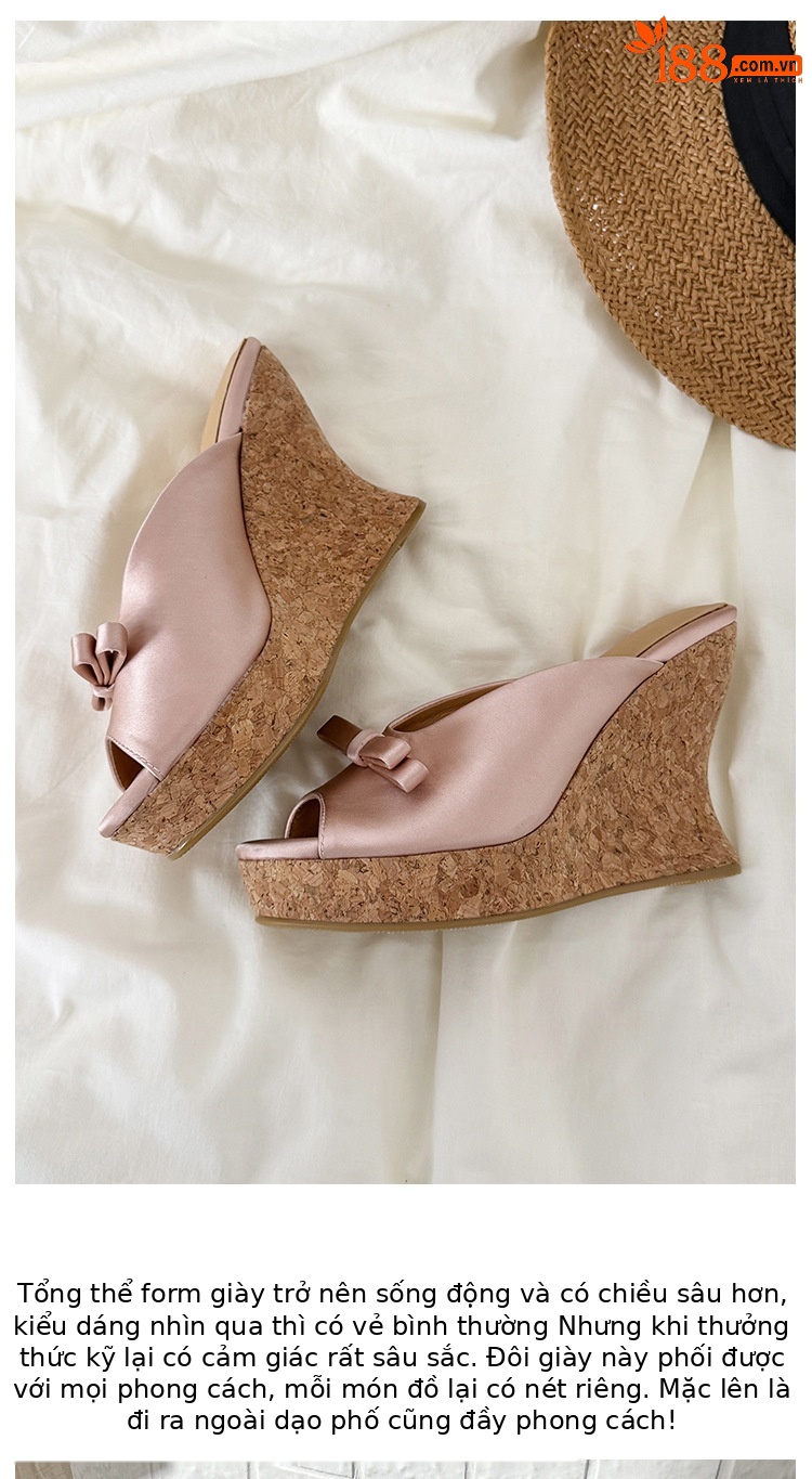 Sandal cao gót nữ mũi cá hở ngón, đế xuồng dày, nơ bướm, gót siêu cao 12 cm — Kẻ đỏ, Hồng sâm panh chi tiết 8