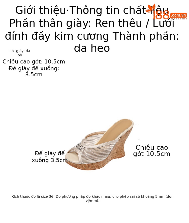 Sandal cao gót nữ hở mũi phong cách nghỉ dưỡng, đế xuồng thoáng khí, ren lưới, quai ngang, gót siêu cao — Hoa cúc nhỏ, Đính kim cương lấp lánh chi tiết 3