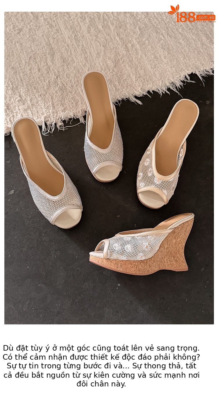 Sandal cao gót nữ hở mũi phong cách nghỉ dưỡng, đế xuồng thoáng khí, ren lưới, quai ngang, gót siêu cao — Hoa cúc nhỏ, Đính kim cương lấp lánh chi tiết 5
