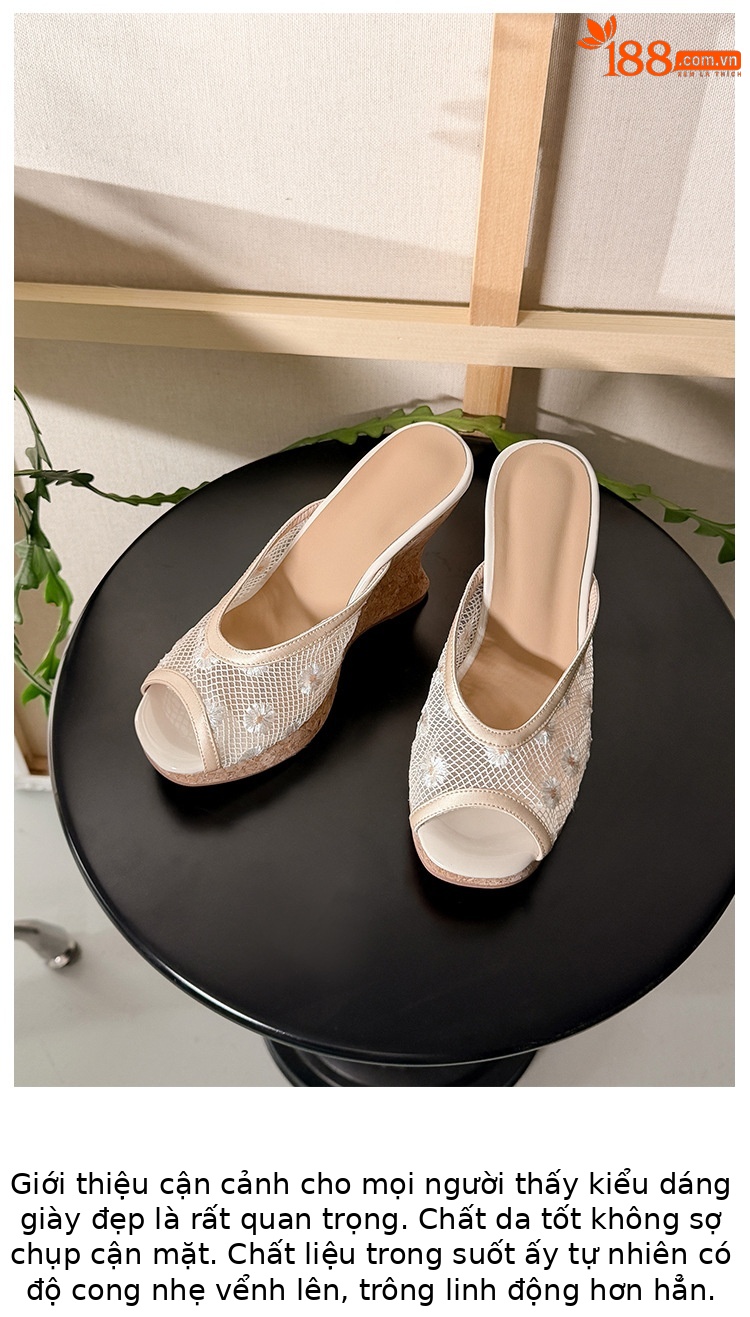 Sandal cao gót nữ hở mũi phong cách nghỉ dưỡng, đế xuồng thoáng khí, ren lưới, quai ngang, gót siêu cao — Hoa cúc nhỏ, Đính kim cương lấp lánh chi tiết 6