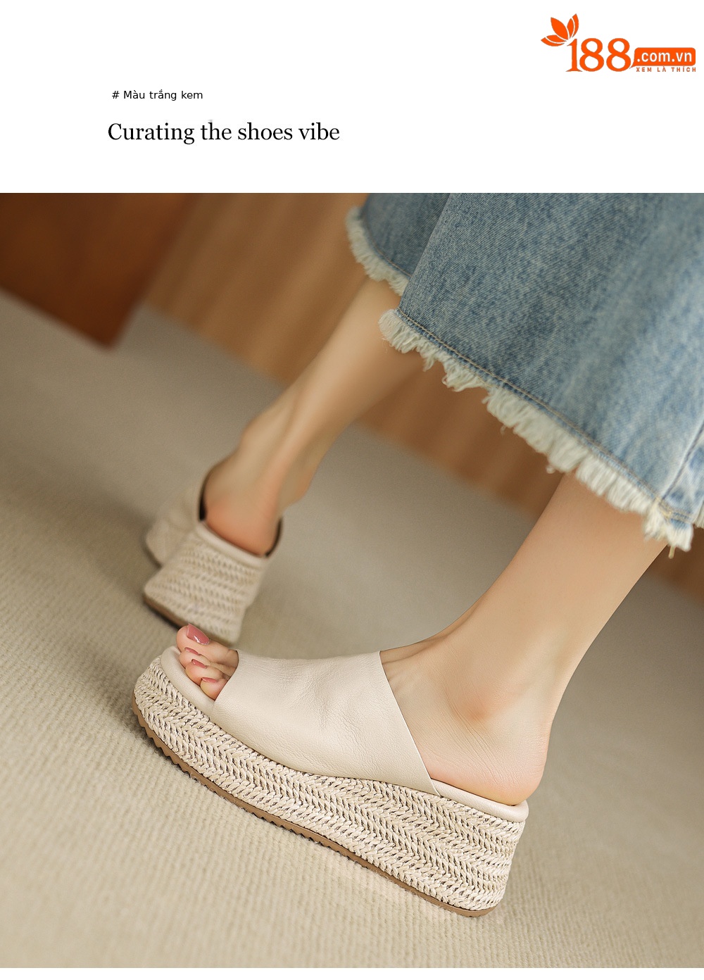 Dép sandal nữ quai ngang đế xuồng bệt gót thấp mũi hở chất liệu da cừu — màu trắng ngà, màu mơ chi tiết 9