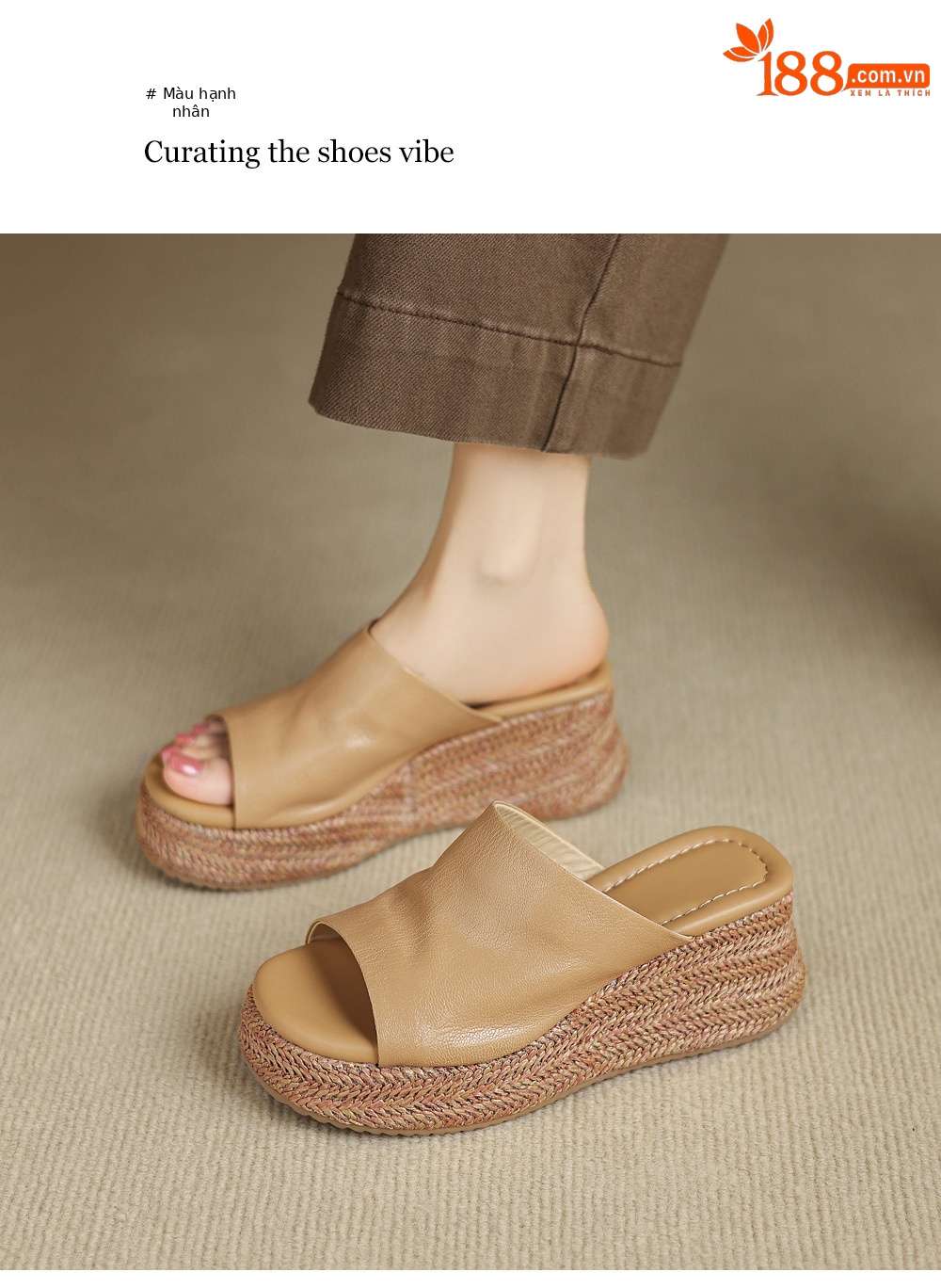 Dép sandal nữ quai ngang đế xuồng bệt gót thấp mũi hở chất liệu da cừu — màu trắng ngà, màu mơ chi tiết 16